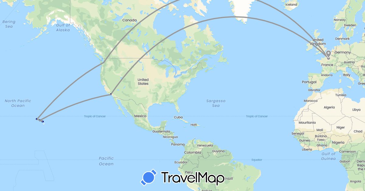 TravelMap itinerary: driving, plane, boat in France, United States (Europe, North America)
